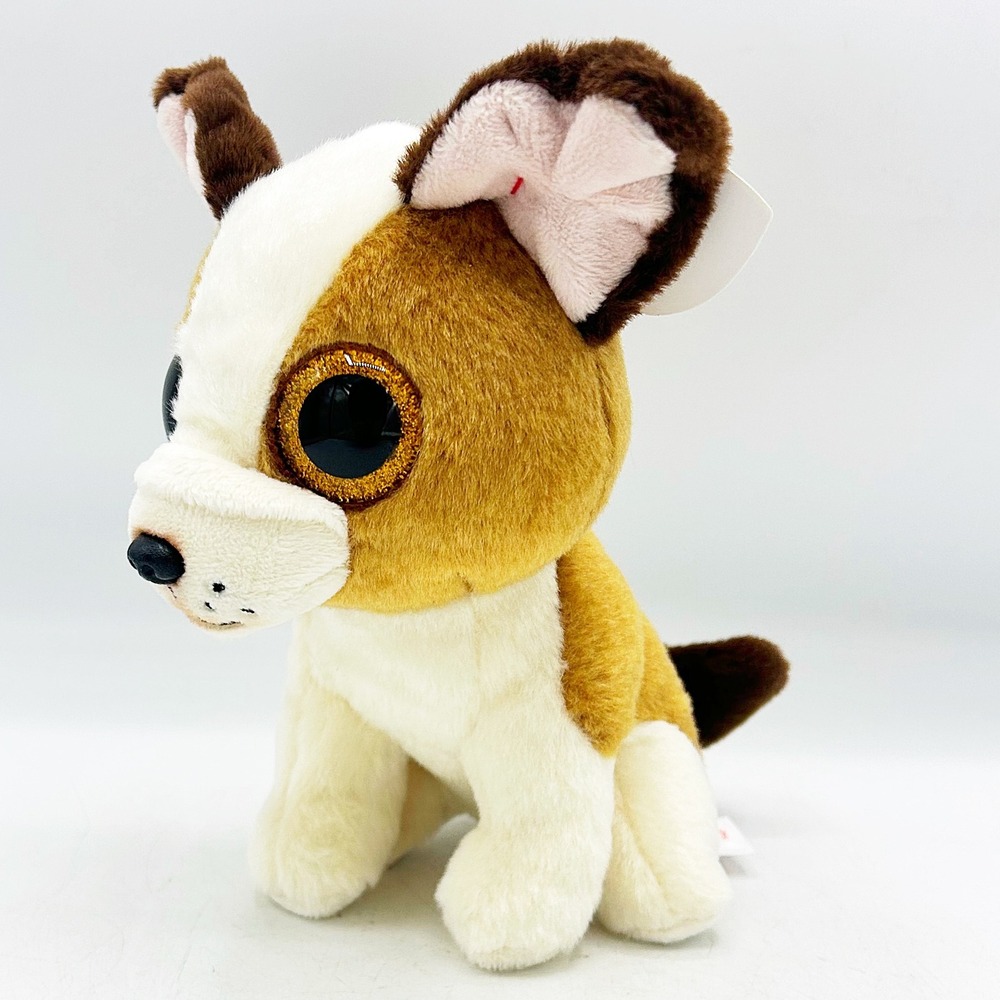 Ty Beanie Boos Hugo Dog 6" Tan White Plush Stuffed Animal Big Eyes Glitter